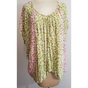 Gigio Top L Pink Green Mixed Floral Print V Neck  Oversized Artsy Boho Short Slv
